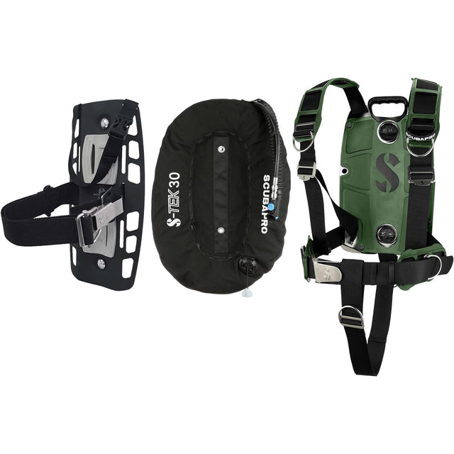Scubapro S-TEK Donut Wing 30 + S-TEK Pro Harness SS + Single Tank Adapter + Back Shoulder Waist Pad (Color Kit Installed)-Armygreen-