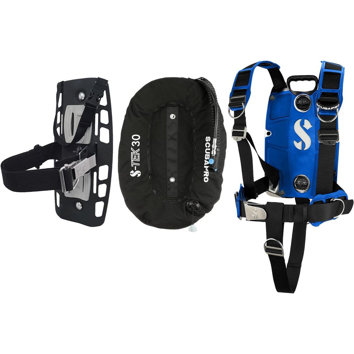 Scubapro S-TEK Donut Wing 30 + S-TEK Pro Harness SS + Single Tank Adapter + Back Shoulder Waist Pad (Color Kit Installed)-Blue-