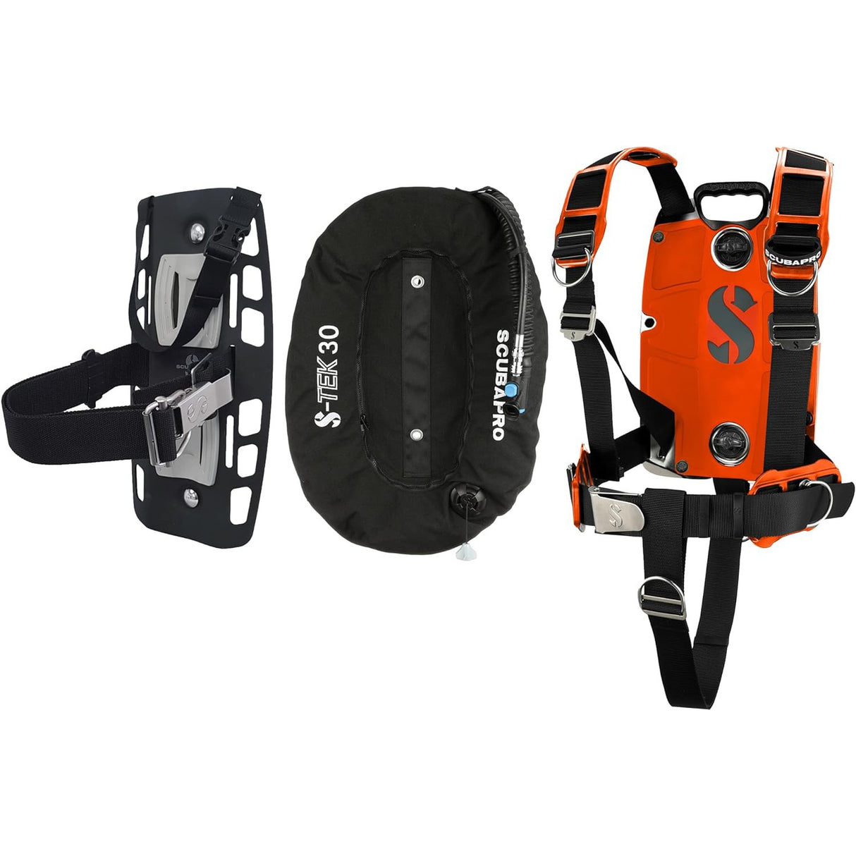 Scubapro S-TEK Donut Wing 30 + S-TEK Pro Harness SS + Single Tank Adapter + Back Shoulder Waist Pad (Color Kit Installed)-Orange-