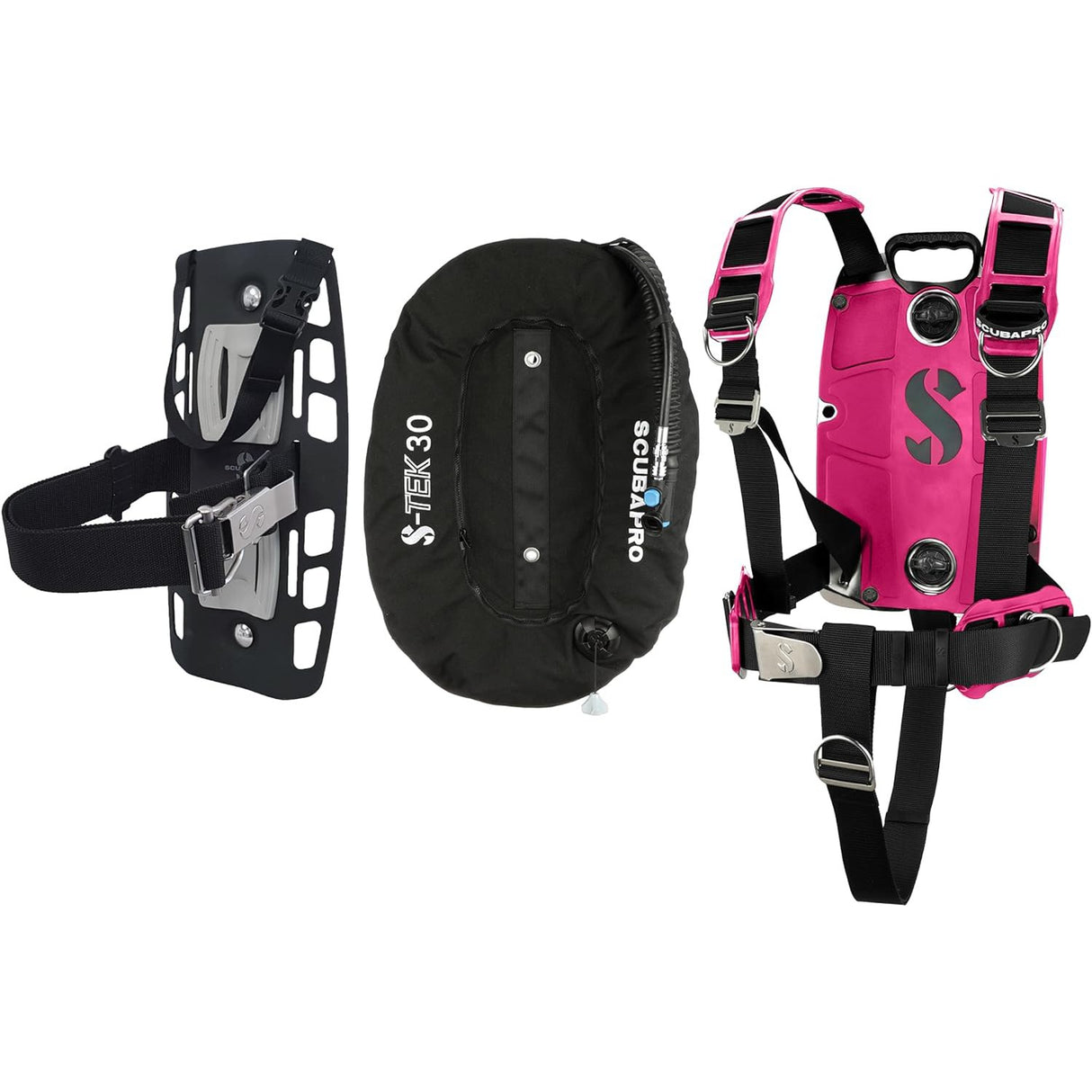 Scubapro S-TEK Donut Wing 30 + S-TEK Pro Harness SS + Single Tank Adapter + Back Shoulder Waist Pad (Color Kit Installed)-Pink-