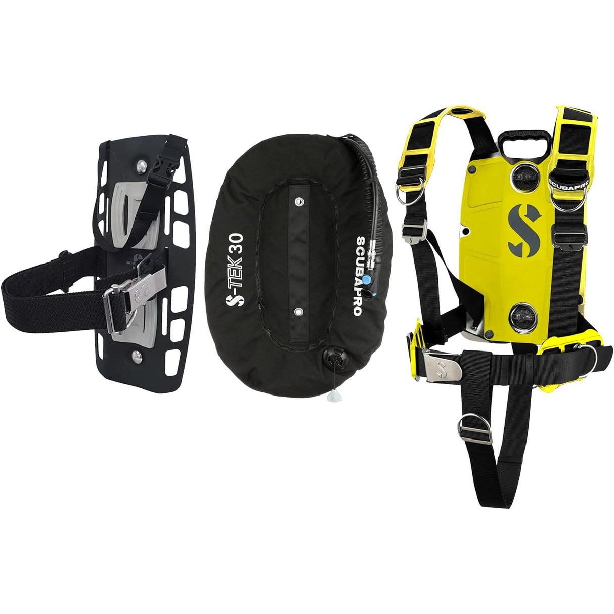 Scubapro S-TEK Donut Wing 30 + S-TEK Pro Harness SS + Single Tank Adapter + Back Shoulder Waist Pad (Color Kit Installed)-Yellow-