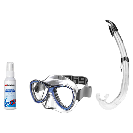 Seac Mask + Snorkel Package – Amalfi Double Lens Mask + Tribe Dry Snorkel + Free Mask Defog Spray — Blue, Seac Flash Snorkel