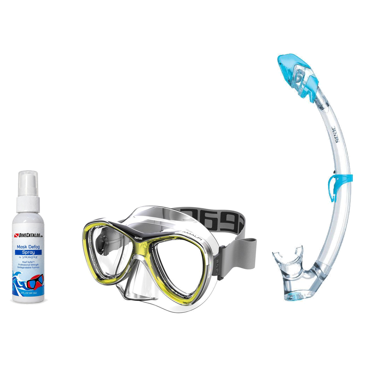 Seac Mask + Snorkel Package – Amalfi Double Lens Mask + Tribe Dry Snorkel + Free Mask Defog Spray — Yellow, Seac Tribe Dry S…