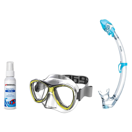 Seac Mask + Snorkel Package – Amalfi Double Lens Mask + Tribe Dry Snorkel + Free Mask Defog Spray — Yellow, Seac Tribe Dry S…