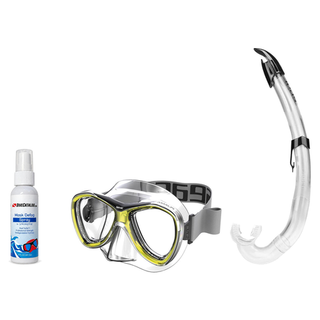 Seac Mask + Snorkel Package – Amalfi Double Lens Mask + Tribe Dry Snorkel + Free Mask Defog Spray — Yellow, Seac Flash Snork…