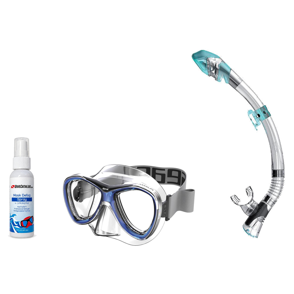 Seac Mask + Snorkel Package – Amalfi Double Lens Mask + Tribe Dry Snorkel + Free Mask Defog Spray — Blue, Seac Fast Tech Dry…