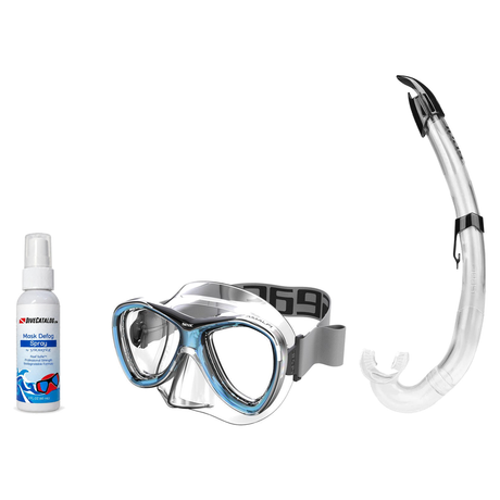 Seac Mask + Snorkel Package – Amalfi Double Lens Mask + Tribe Dry Snorkel + Free Mask Defog Spray — Aquamarine, Seac Flash S…