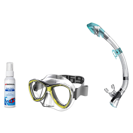 Seac Mask + Snorkel Package – Amalfi Double Lens Mask + Tribe Dry Snorkel + Free Mask Defog Spray — Yellow, Seac Fast Tech D…