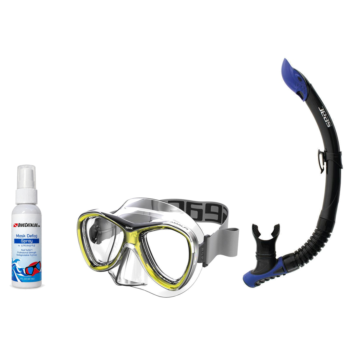 Seac Mask + Snorkel Package – Amalfi Double Lens Mask + Tribe Dry Snorkel + Free Mask Defog Spray — Yellow, Seac Reverse Sno…