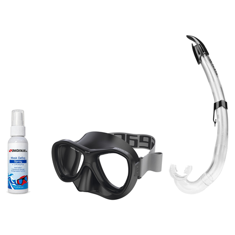 Seac Mask + Snorkel Package – Amalfi Double Lens Mask + Tribe Dry Snorkel + Free Mask Defog Spray — Black, Seac Flash Snorkel