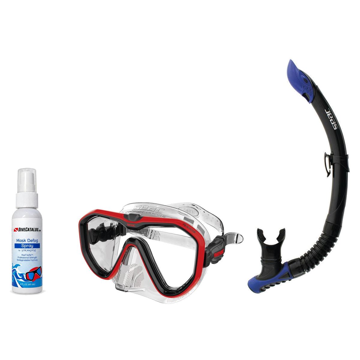 Seac Mask + Snorkel Package – Appeal Mask + Reverse Dry Snorkel + Free Mask Defog Spray — Clear Red, Seac Reverse Snorkel An…
