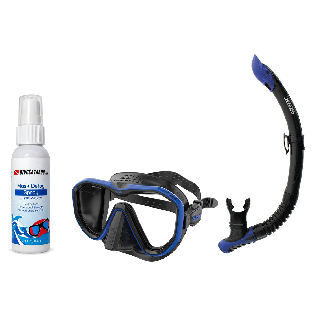 Seac Mask + Snorkel Package – Appeal Mask + Reverse Dry Snorkel + Free Mask Defog Spray — Blue, Seac Reverse Snorkel Anti-Sp…