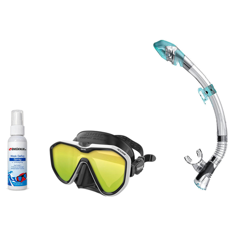 Seac Mask + Snorkel Package – Appeal Mask + Reverse Dry Snorkel + Free Mask Defog Spray — Mirrored White, Seac Fast Tech Dry…