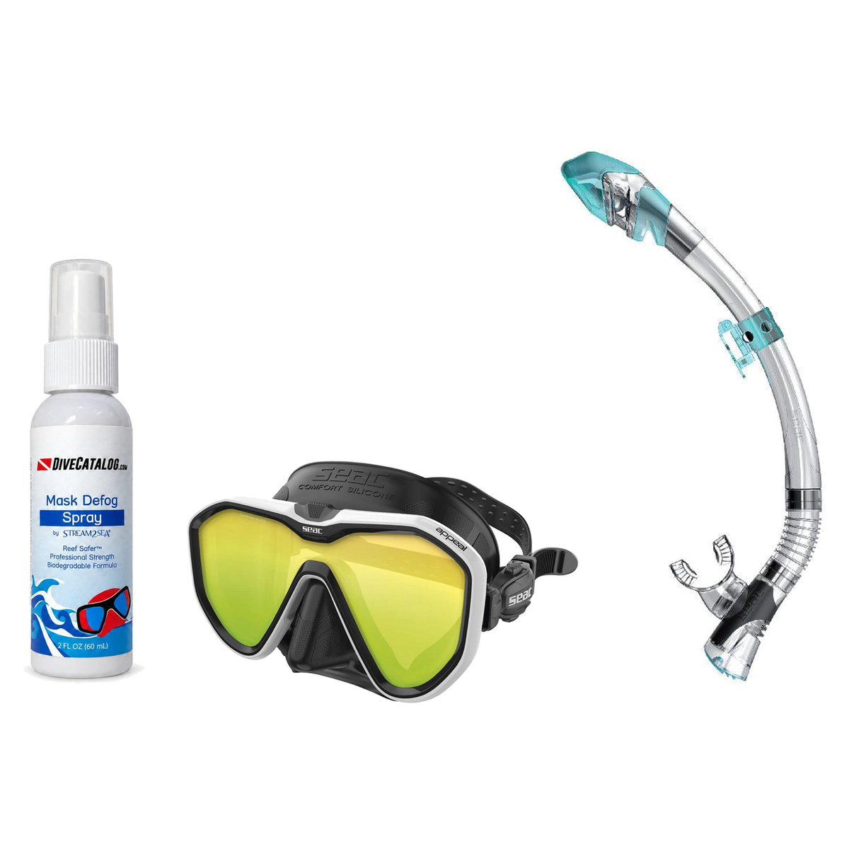 Seac Mask + Snorkel Package – Appeal Mask + Reverse Dry Snorkel + Free Mask Defog Spray — Mirrored White, Seac Fast Tech Dry…