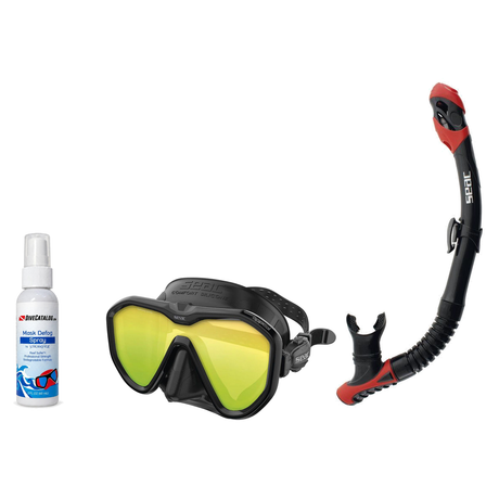 Seac Mask + Snorkel Package – Appeal Mask + Reverse Dry Snorkel + Free Mask Defog Spray — Mirrored Black, Seac Reverse Dry S…