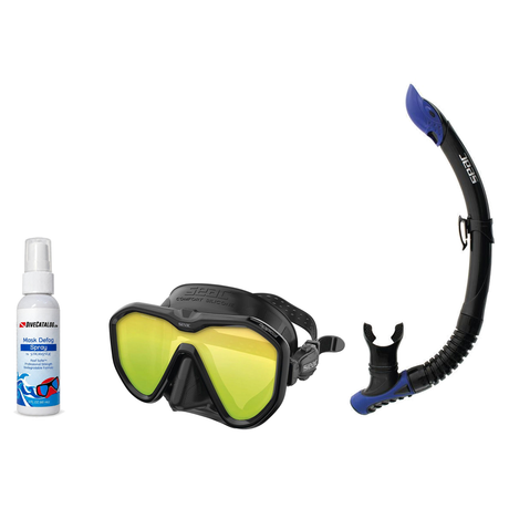 Seac Mask + Snorkel Package – Appeal Mask + Reverse Dry Snorkel + Free Mask Defog Spray — Mirrored Black, Seac Reverse Snork…