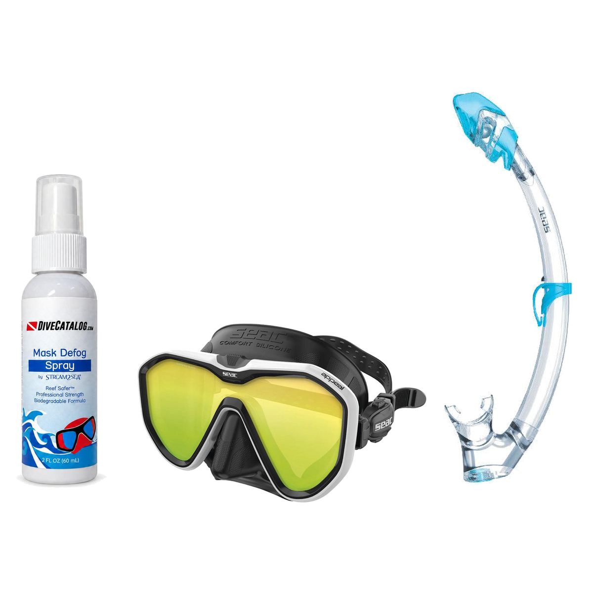 Seac Mask + Snorkel Package – Appeal Mask + Reverse Dry Snorkel + Free Mask Defog Spray — Mirrored White, Seac Tribe Dry Scu…