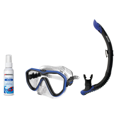 Seac Mask + Snorkel Package – Appeal Mask + Reverse Dry Snorkel + Free Mask Defog Spray — Clear Blue, Seac Reverse Snorkel A…