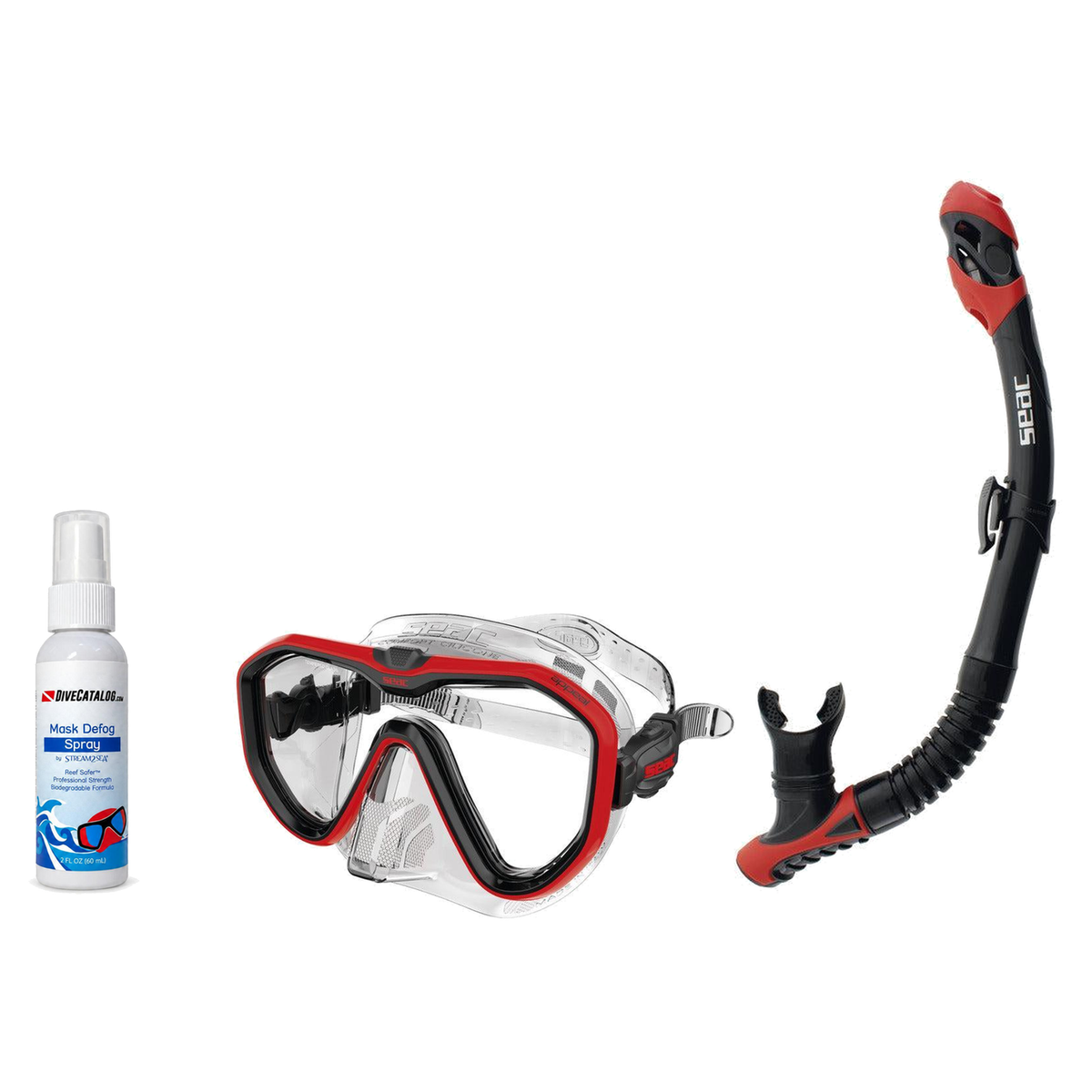 Seac Mask + Snorkel Package – Appeal Mask + Reverse Dry Snorkel + Free Mask Defog Spray — Clear Red, Seac Reverse Dry Snorkel