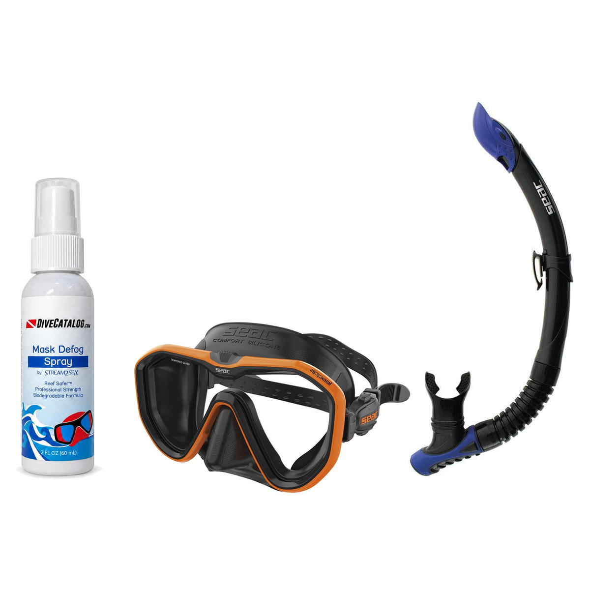 Seac Mask + Snorkel Package – Appeal Mask + Reverse Dry Snorkel + Free Mask Defog Spray — Orange, Seac Reverse Snorkel Anti-…