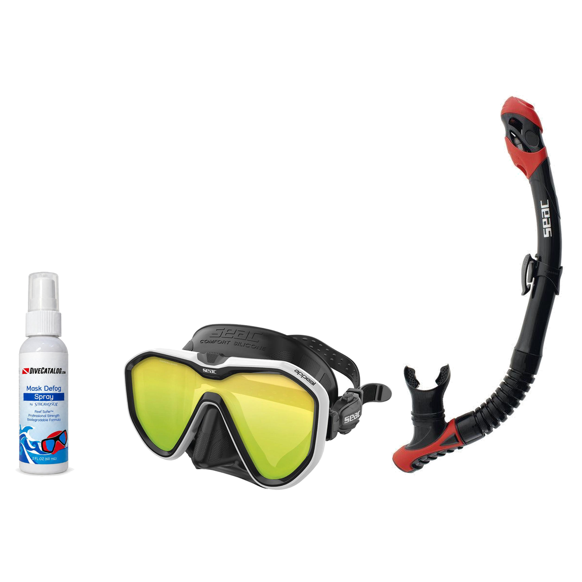 Seac Mask + Snorkel Package – Appeal Mask + Reverse Dry Snorkel + Free Mask Defog Spray — Mirrored White, Seac Reverse Dry S…