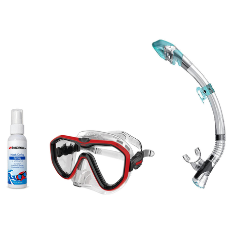 Seac Mask + Snorkel Package – Appeal Mask + Reverse Dry Snorkel + Free Mask Defog Spray — Clear Red, Seac Fast Tech Dry Adul…