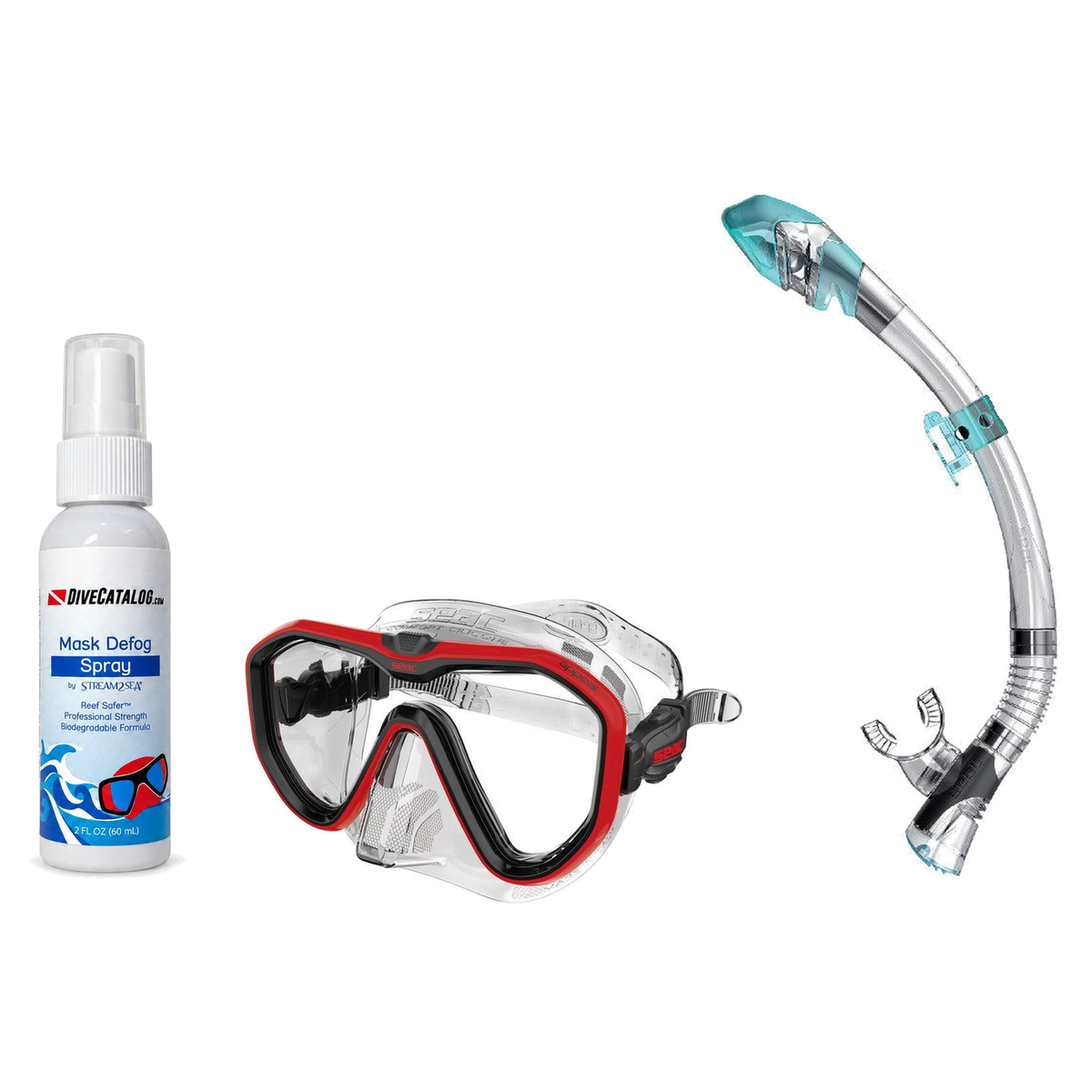 Seac Mask + Snorkel Package – Appeal Mask + Reverse Dry Snorkel + Free Mask Defog Spray — Clear Red, Seac Fast Tech Dry Adul…