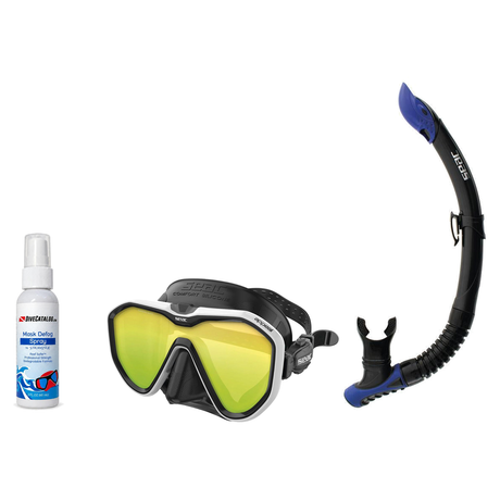 Seac Mask + Snorkel Package – Appeal Mask + Reverse Dry Snorkel + Free Mask Defog Spray — Mirrored White, Seac Reverse Snork…