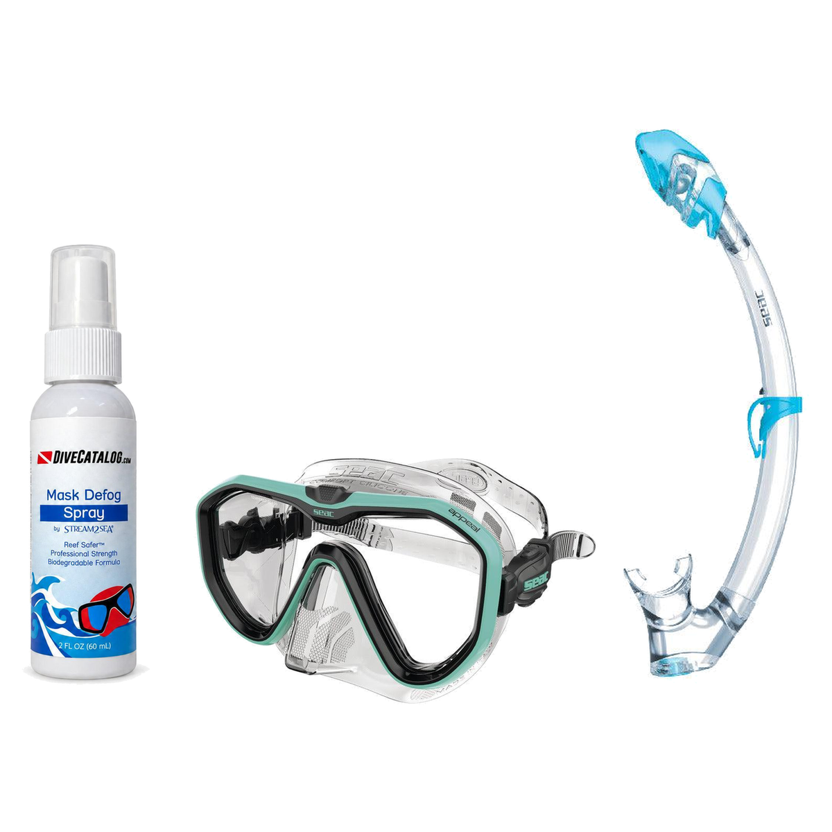 Seac Mask + Snorkel Package – Appeal Mask + Reverse Dry Snorkel + Free Mask Defog Spray — Clear Tiffany, Seac Tribe Dry Scub…