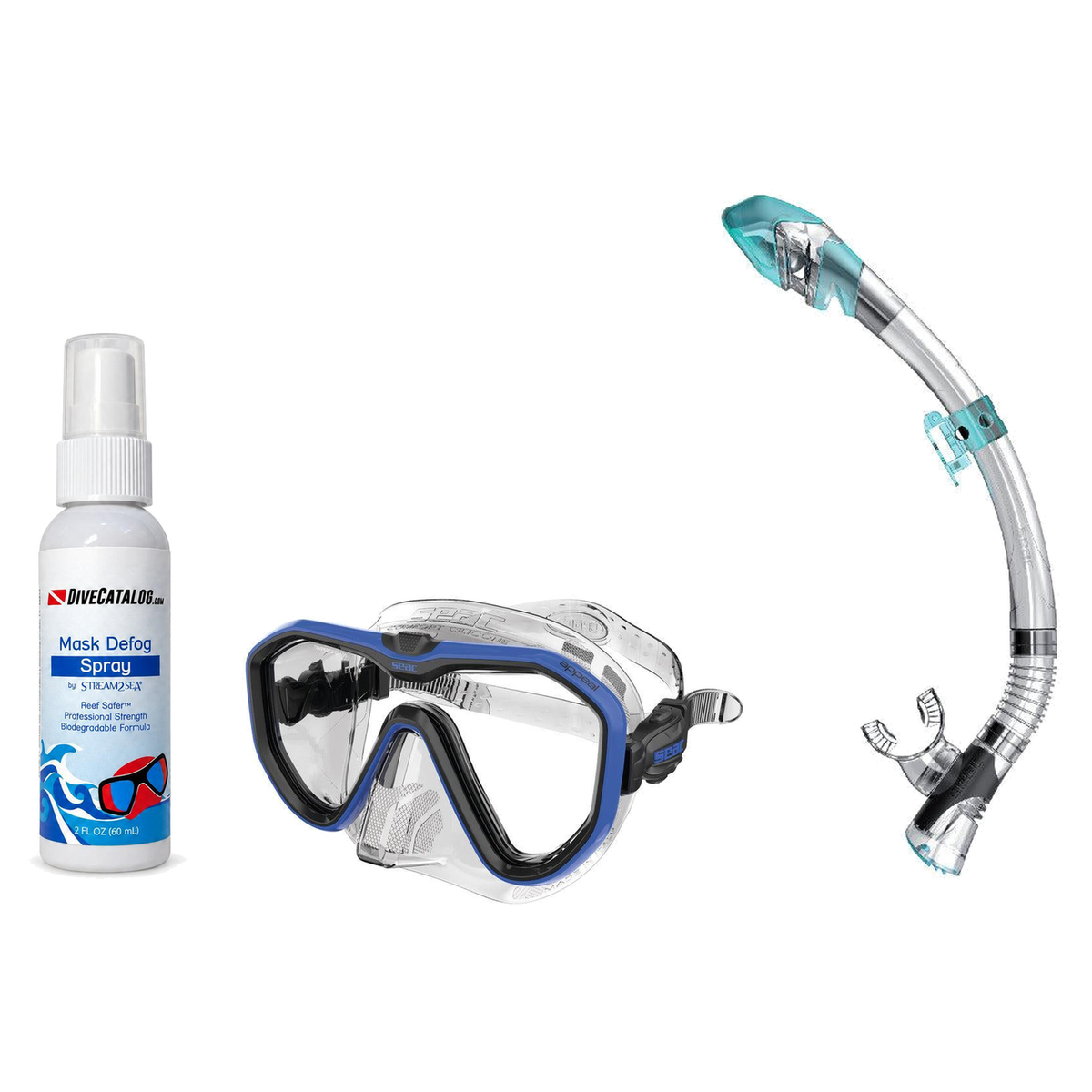 Seac Mask + Snorkel Package – Appeal Mask + Reverse Dry Snorkel + Free Mask Defog Spray — Clear Blue, Seac Fast Tech Dry Adu…