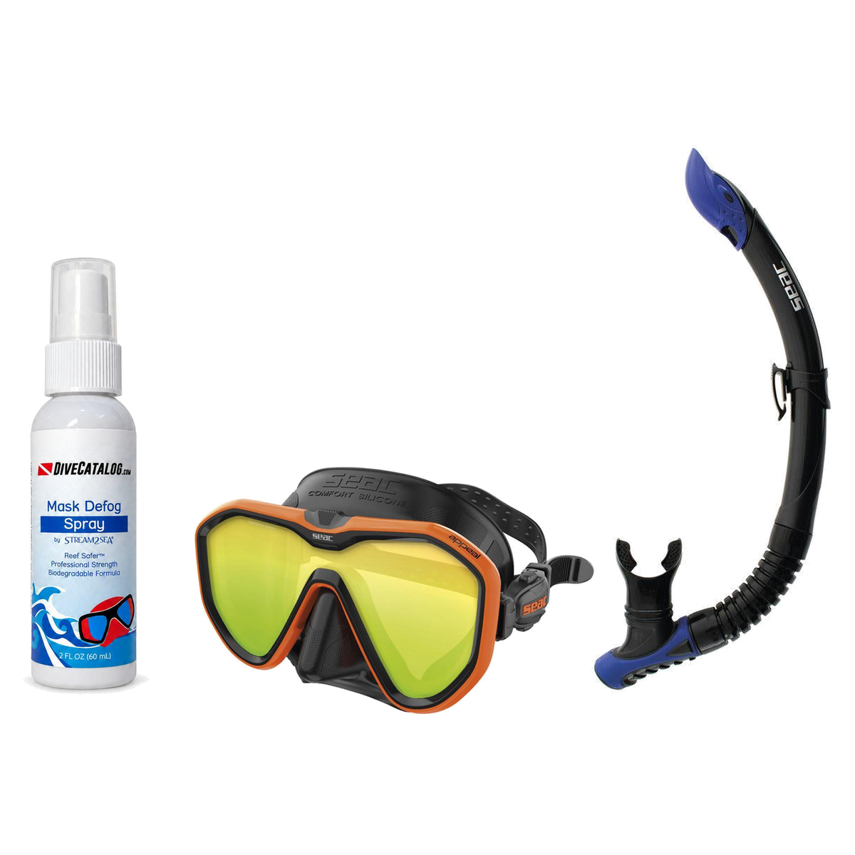 Seac Mask + Snorkel Package – Appeal Mask + Reverse Dry Snorkel + Free Mask Defog Spray — Mirrored Orange, Seac Reverse Snor…