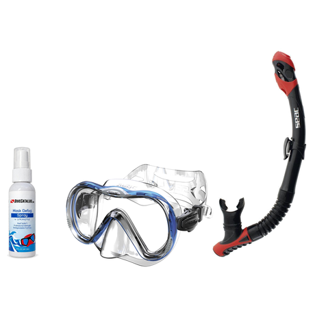 Seac Mask + Snorkel Package – Boss Mask + Reverse Dry Snorkel + Free Mask Defog Spray — includes SEAC SCUBA DIVING MASK  BOS…
