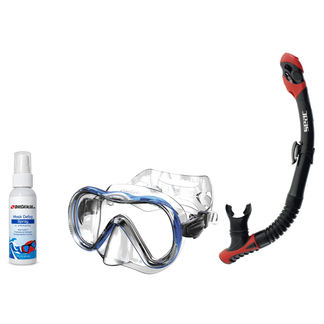Seac Mask + Snorkel Package – Boss Mask + Reverse Dry Snorkel + Free Mask Defog Spray — includes SEAC SCUBA DIVING MASK  BOS…