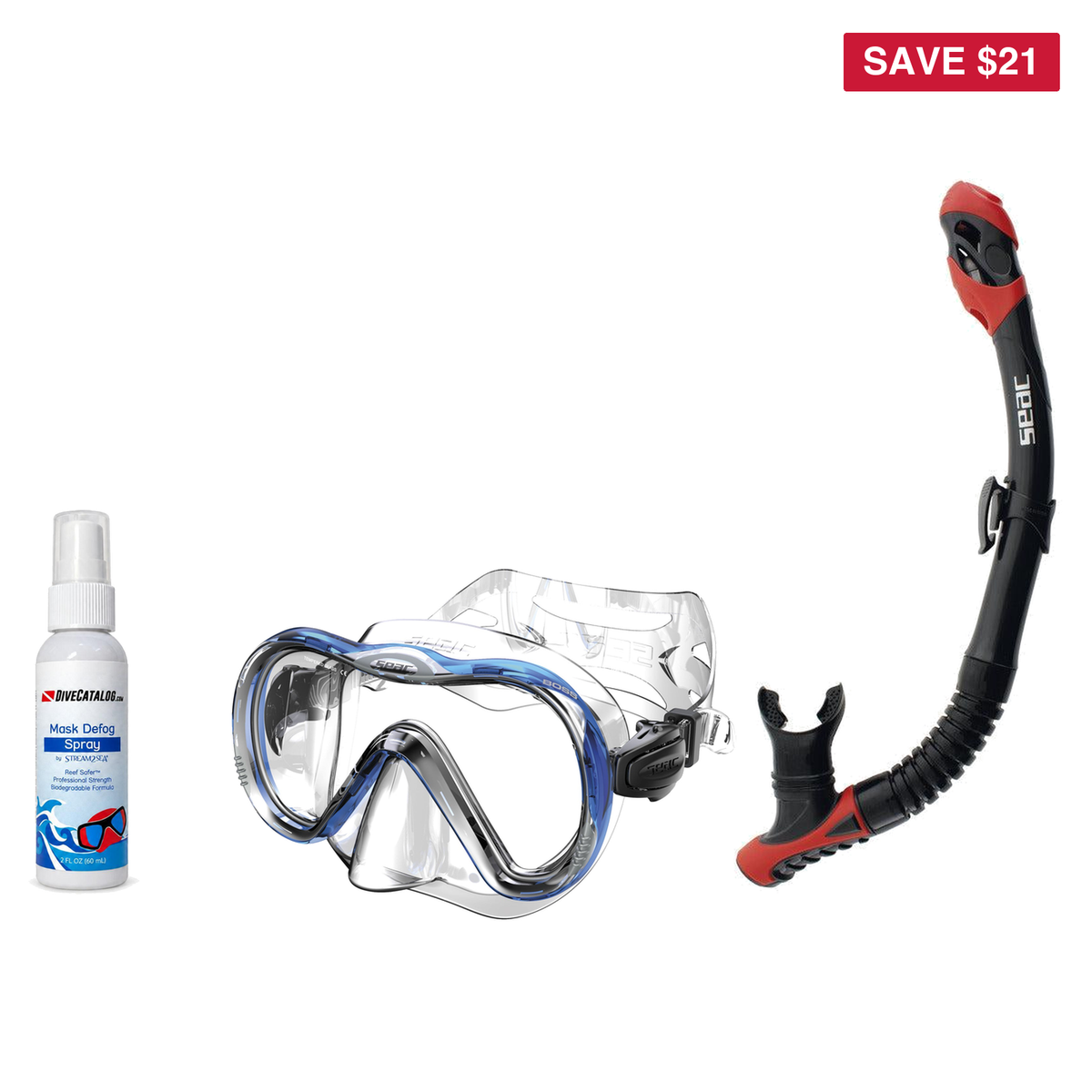 Seac Mask + Snorkel Package – Boss Mask + Reverse Dry Snorkel + Free Mask Defog Spray — includes SEAC SCUBA DIVING MASK  BOS…