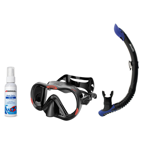 Seac Mask + Snorkel Package – Boss Mask + Reverse Dry Snorkel + Free Mask Defog Spray — Black/Red, Seac Reverse Snorkel Anti…