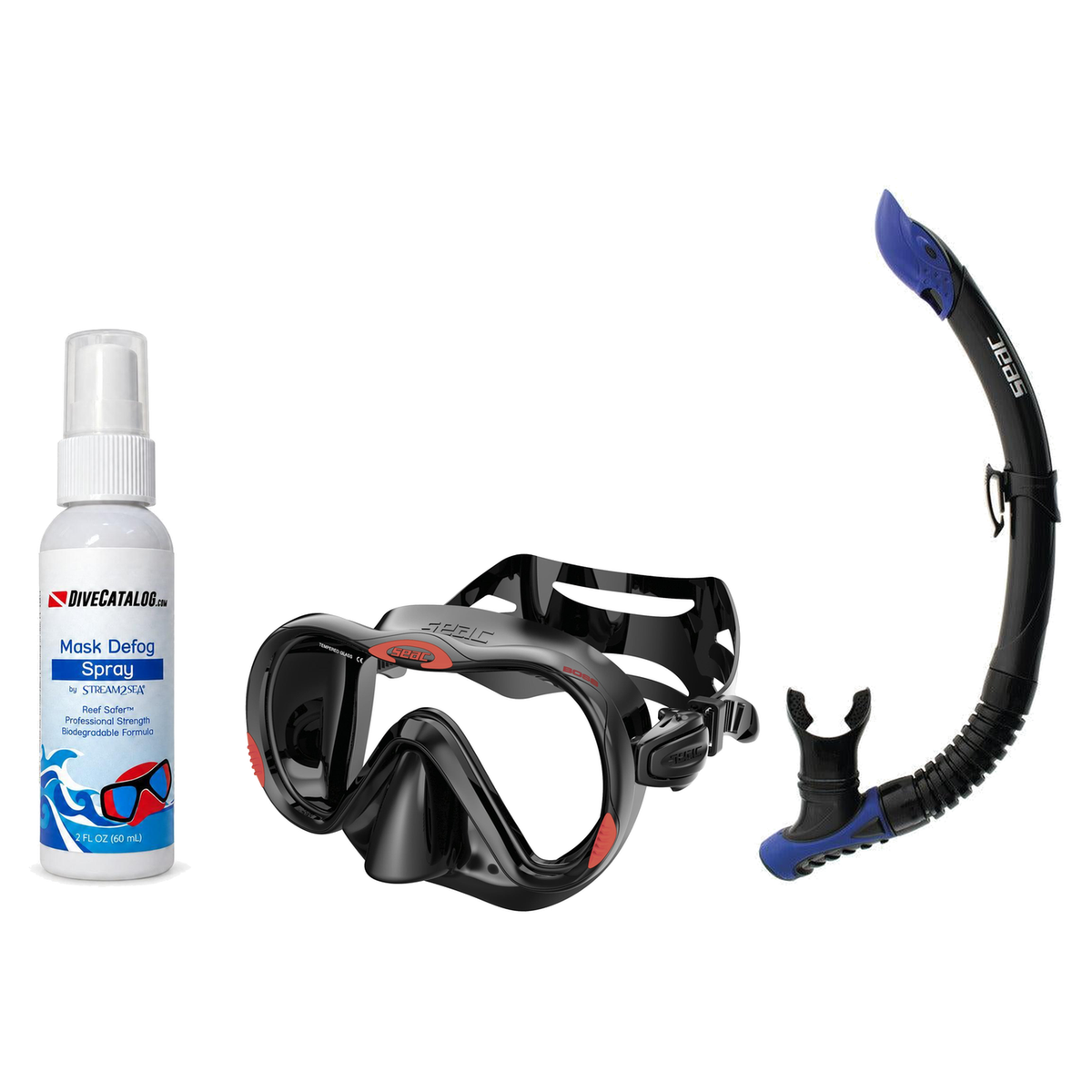 Seac Mask + Snorkel Package – Boss Mask + Reverse Dry Snorkel + Free Mask Defog Spray — Black/Red, Seac Reverse Snorkel Anti…