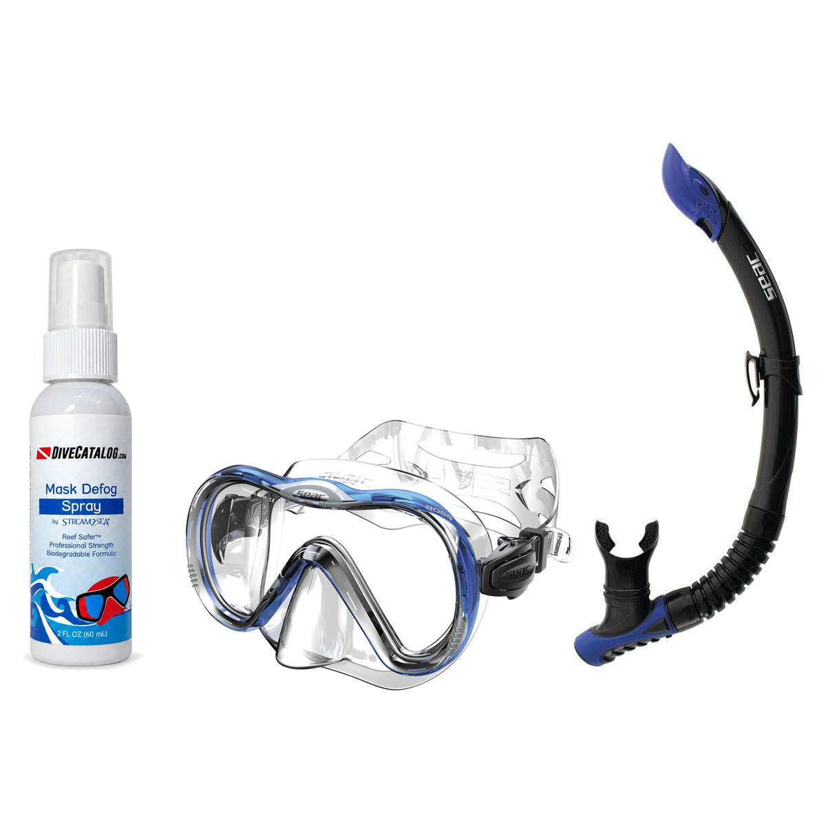 Seac Mask + Snorkel Package – Boss Mask + Reverse Dry Snorkel + Free Mask Defog Spray — Blue, Seac Reverse Snorkel Anti-Spla…