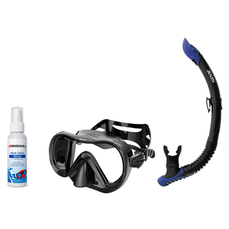 Seac Mask + Snorkel Package – Boss Mask + Reverse Dry Snorkel + Free Mask Defog Spray — Black/Silver, Seac Reverse Snorkel A…