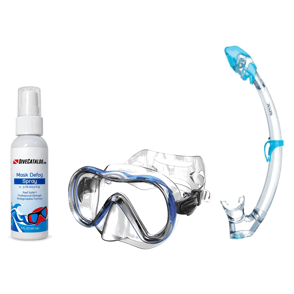 Seac Mask + Snorkel Package – Boss Mask + Reverse Dry Snorkel + Free Mask Defog Spray — Blue, Seac Tribe Dry Scuba Diving Sn…