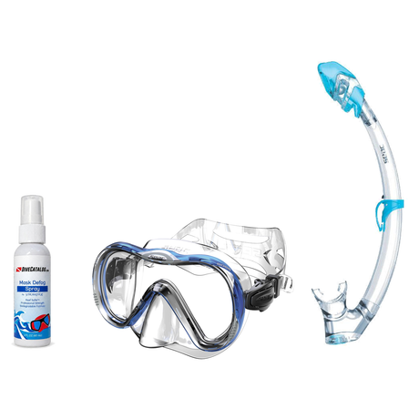 Seac Mask + Snorkel Package – Boss Mask + Reverse Dry Snorkel + Free Mask Defog Spray — Blue, Seac Tribe Dry Scuba Diving Sn…