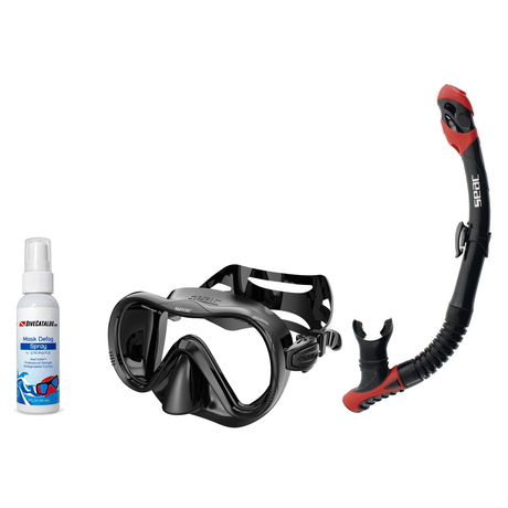 Seac Mask + Snorkel Package – Boss Mask + Reverse Dry Snorkel + Free Mask Defog Spray — Black/Silver, Seac Reverse Dry Snork…