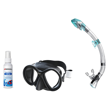 Seac Mask + Snorkel Package – Chiara Mask + Reverse Dry Snorkel + Free Mask Defog Spray — Black/Black, Seac Fast Tech Dry Ad…