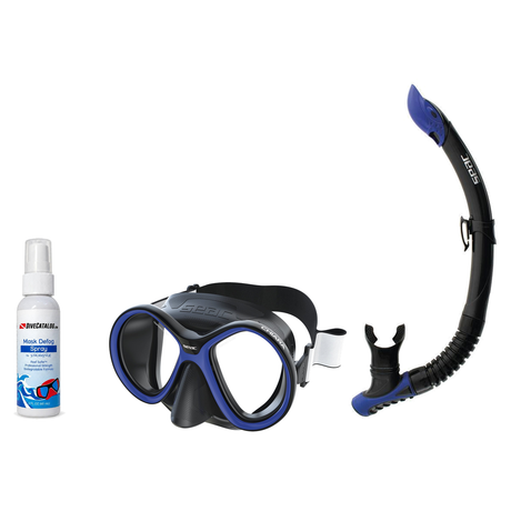 Seac Mask + Snorkel Package – Chiara Mask + Reverse Dry Snorkel + Free Mask Defog Spray — Black/Blue, Seac Reverse Snorkel A…