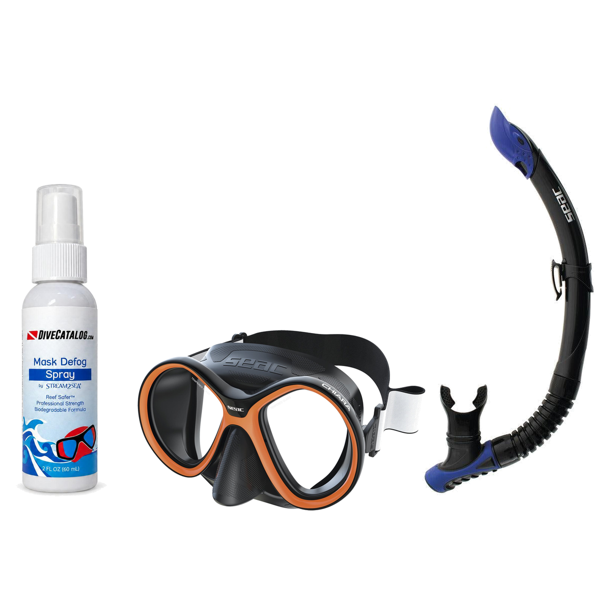 Seac Mask + Snorkel Package – Chiara Mask + Reverse Dry Snorkel + Free Mask Defog Spray — Black/Orange, Seac Reverse Snorkel…