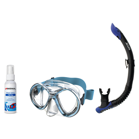 Seac Mask + Snorkel Package – Chiara Mask + Reverse Dry Snorkel + Free Mask Defog Spray — Transparent/Aquamarine, Seac Rever…
