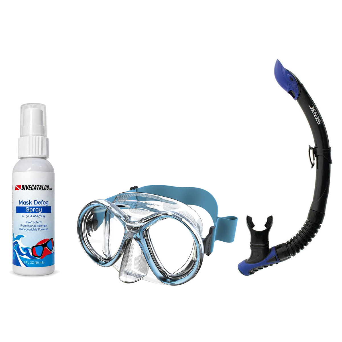 Seac Mask + Snorkel Package – Chiara Mask + Reverse Dry Snorkel + Free Mask Defog Spray — Transparent/Aquamarine, Seac Rever…