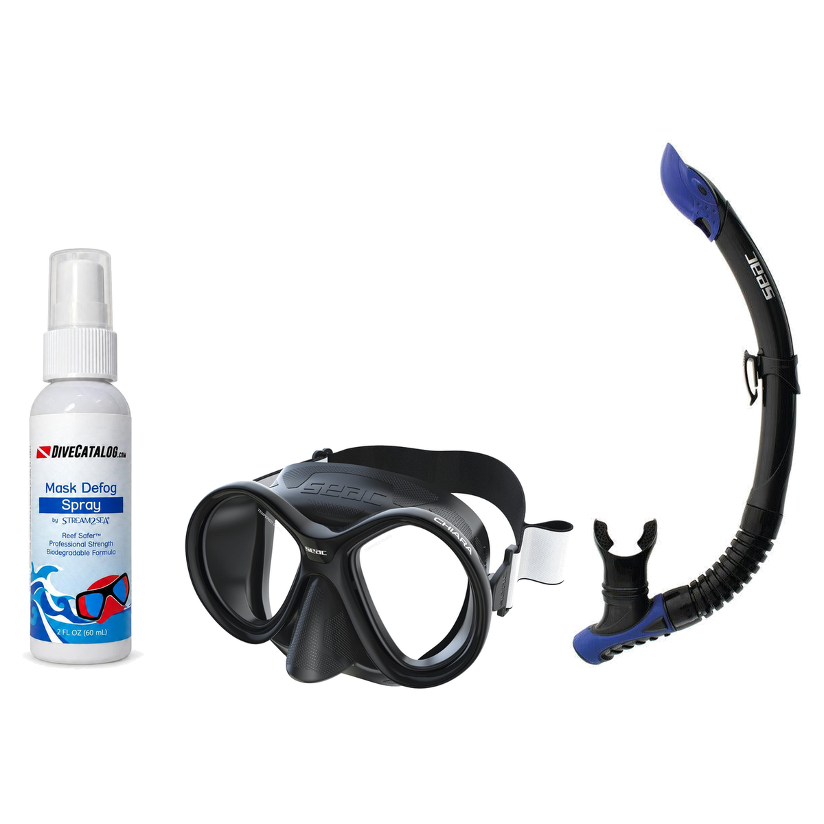 Seac Mask + Snorkel Package – Chiara Mask + Reverse Dry Snorkel + Free Mask Defog Spray — Black/Black, Seac Reverse Snorkel…