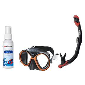 Seac Mask + Snorkel Package – Chiara Mask + Reverse Dry Snorkel + Free Mask Defog Spray — Black/Orange, Seac Reverse Dry Sno…