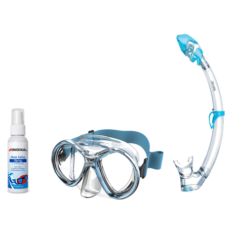 Seac Mask + Snorkel Package – Chiara Mask + Reverse Dry Snorkel + Free Mask Defog Spray — Transparent/Aquamarine, Seac Tribe…