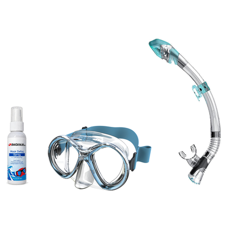 Seac Mask + Snorkel Package – Chiara Mask + Reverse Dry Snorkel + Free Mask Defog Spray — Transparent/Aquamarine, Seac Fast…